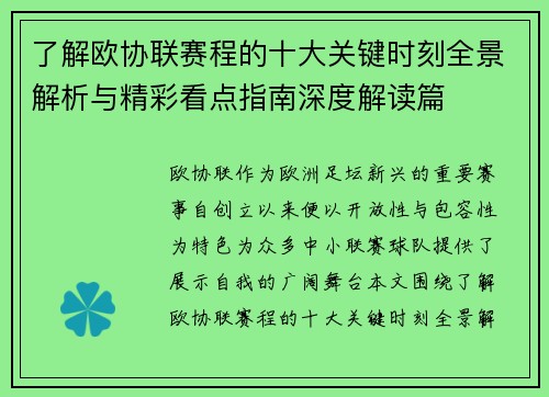 了解欧协联赛程的十大关键时刻全景解析与精彩看点指南深度解读篇