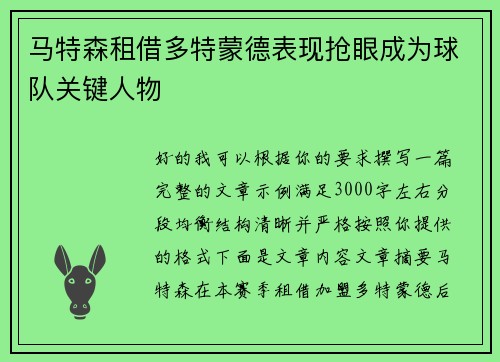 马特森租借多特蒙德表现抢眼成为球队关键人物 马特森租借多特蒙德表现抢眼成为球队关键人物
