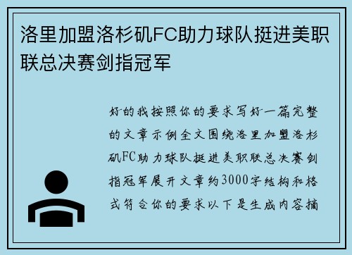 洛里加盟洛杉矶FC助力球队挺进美职联总决赛剑指冠军